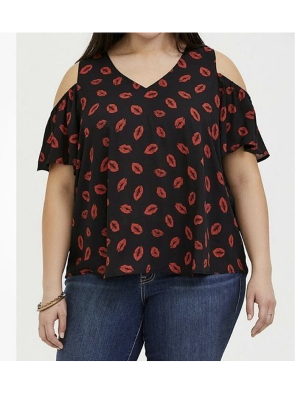 NWOT Torrid Black/Red Lips Print Cold Shoulder V-Neck Blouse Women 2X - Picture 9 of 10